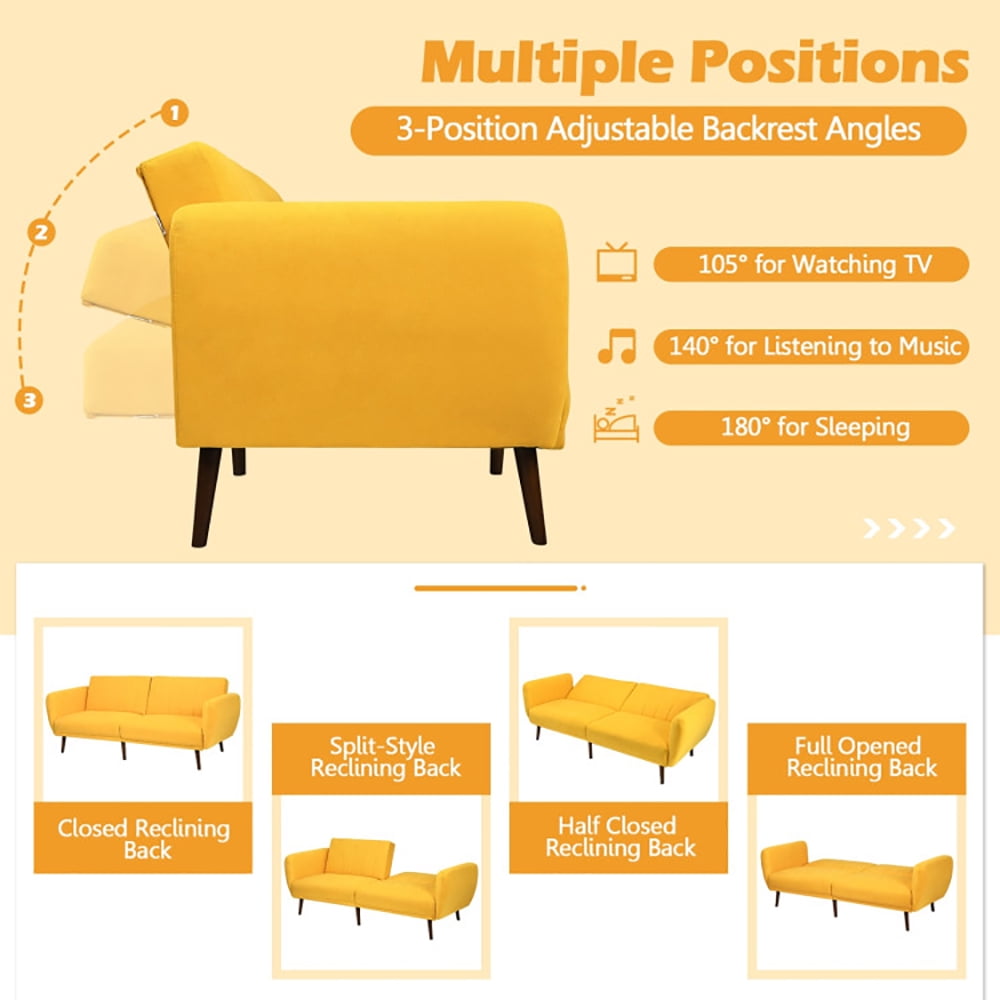 Finihen Convertible Futon Sofa Bed, Modern Convertible Sleeper Couch, Adjustable Couch Sleeper with Wood Legs, for Studio, Apartment, Office, Small Space, Living Room, Bedroom, Yellow