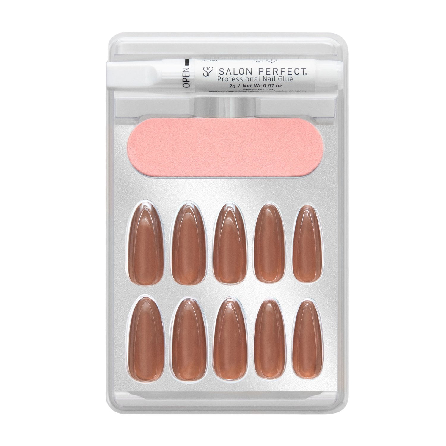 Salon Perfect Artificial Press on Nails, 225 Glazed Chocolate Chrome Powder Effect, Long Almond Glue On Fake Nails, File & Glue Included, 30 Pieces