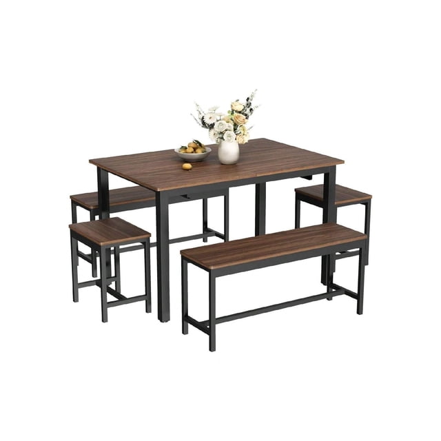 Ourlova 63 Inch 5 Piece Extendable Dining Table Set For 4 To 8 Modern Space Saving Kitchen Table With 2 Benches and 2 Stools Farmhouse Style Dining Room Furniture Set