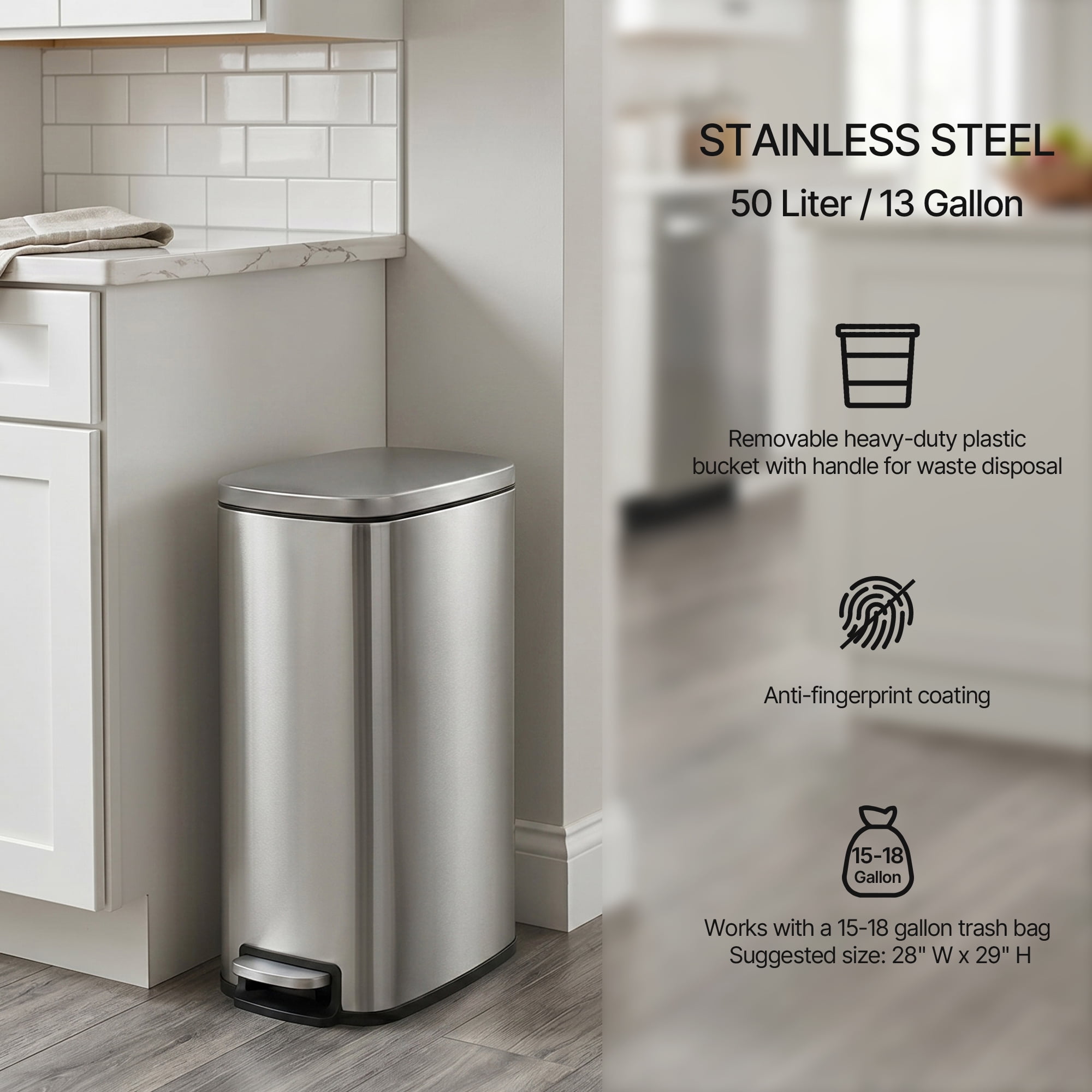Innovaze 13 Gallon/50 Liter Slim Stainless Steel Step-on Trash Can for Kitchen Laundry Room, Silver