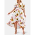thumbnail image 1 of Plus Size Plunge Sunflower Print High Low Dress White 3X, 1 of 5