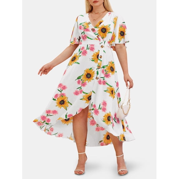 Plus Size Plunge Sunflower Print High Low Dress White 3X