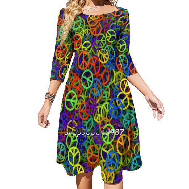 Vestidos de fiesta de noche con textura de paz, vestido sexy midi para mujer, vestido dulce de una pieza, símbolo de amor hippie coreano