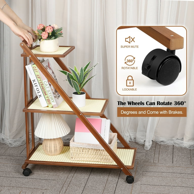 ラタン製3段ローリングカート Handwoven Rattan Rolling Cart, 3-Tier Foldable Storage Trolley