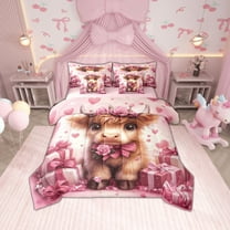 Erosebridal Kawaii Highland Bull Bedding Twin Size, Pink Gifts Bowknot Hearts Comforter Sets with Sheets for Cowgirls, Reversible 7pcs