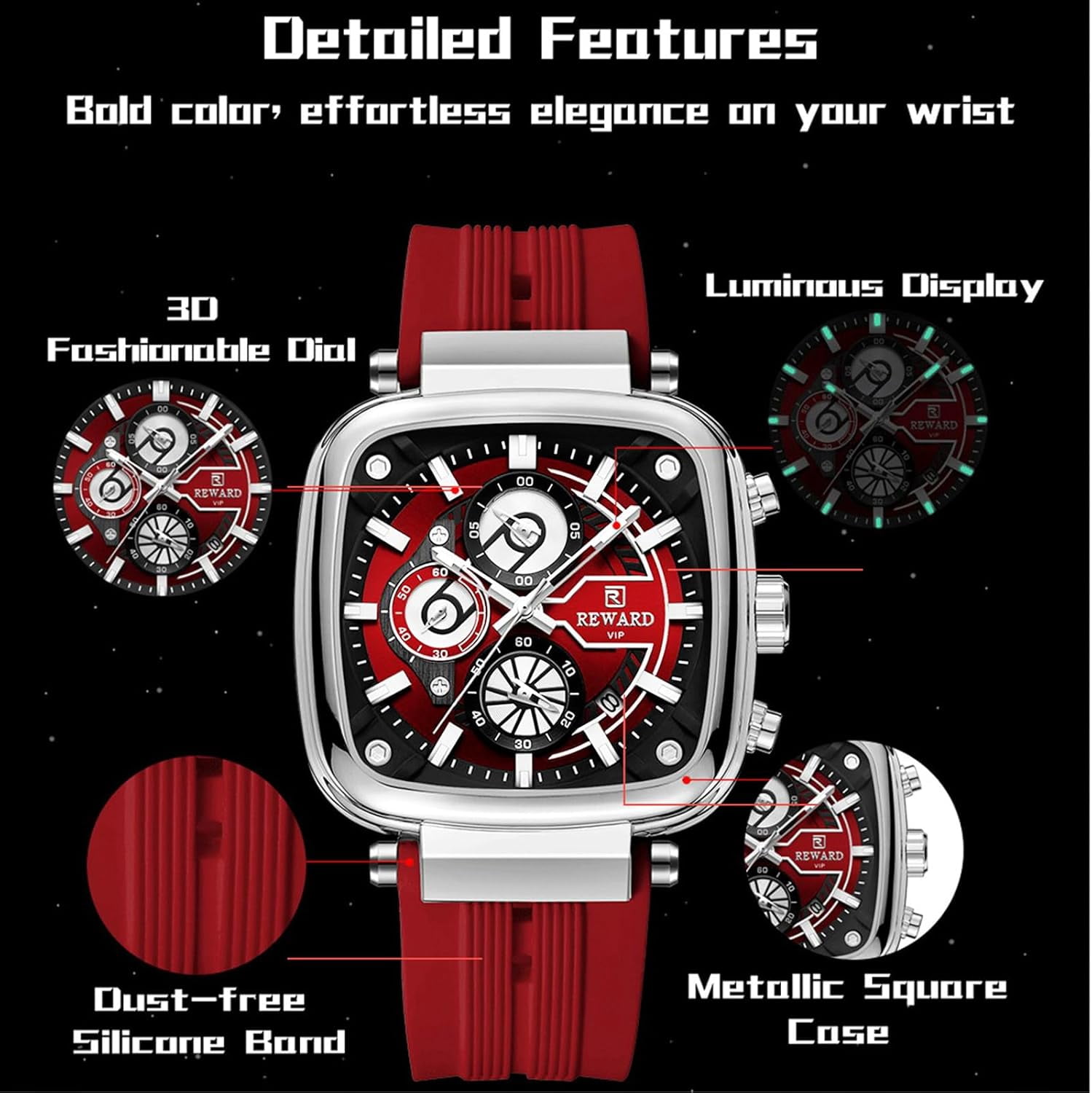 Square Watches for Men Red Silicone Chronograph Fashion Sports Watch Luminous Waterproof Casual Wrist Watches Silver Red