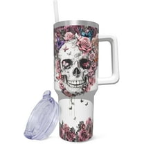 40oz Insulated Tumbler with Handle and Straw - Stainless Steel Vacuum Coffee Mug, Leak Proof Lid - Gothic Skull Design - Gift for Women