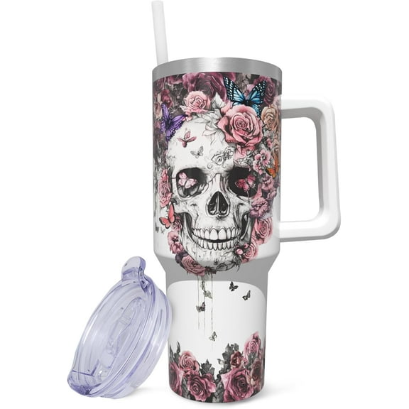 40oz Insulated Tumbler with Handle and Straw - Stainless Steel Vacuum Coffee Mug, Leak Proof Lid - Gothic Skull Design - Gift for Women
