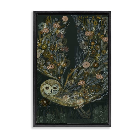 Stupell Industries Floral Folk Barn Owl Animals Painting Black Floater Framed Canvas Art Print Wall Art, 17 x 25