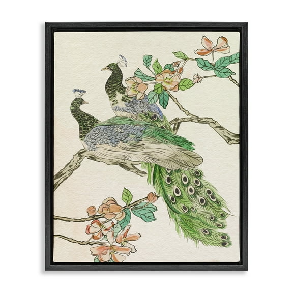 Stupell Industries Peacock Perched on Branch Animals & Insects Painting Black Floater Framed Canvas Art Print Wall Art, 17 x 21