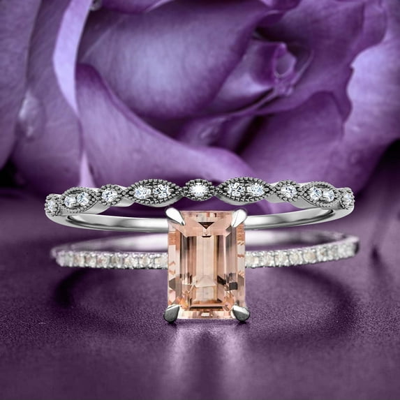 Bridal Rings Set Dazzling Art Deco 1.75 Carat Emerald Cut Morganite And Diamond Moissanite Antique Engagement Ring, Wedding Ring in 10k Solid White Gold, Gift For Her, Promise Ring, Anniversary Ring