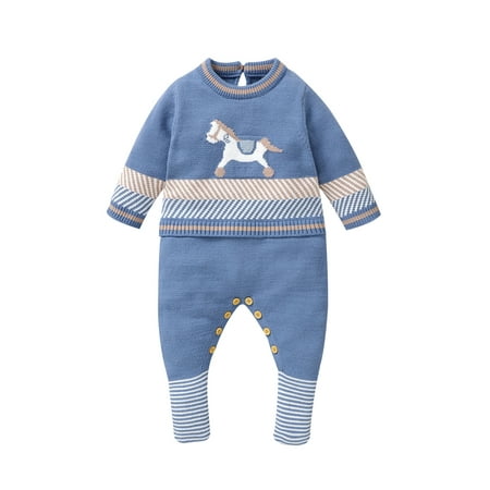 

Woshilaocai Baby Boy Knit Romper Horse Jacquard Long Sleeve Full Length Jumpsuit
