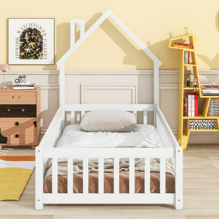 uhomepro Twin Floor Bed Frame for Toddlers Floor Kids Bed with Fence and Door Low Wood Beds for Girls Boys White