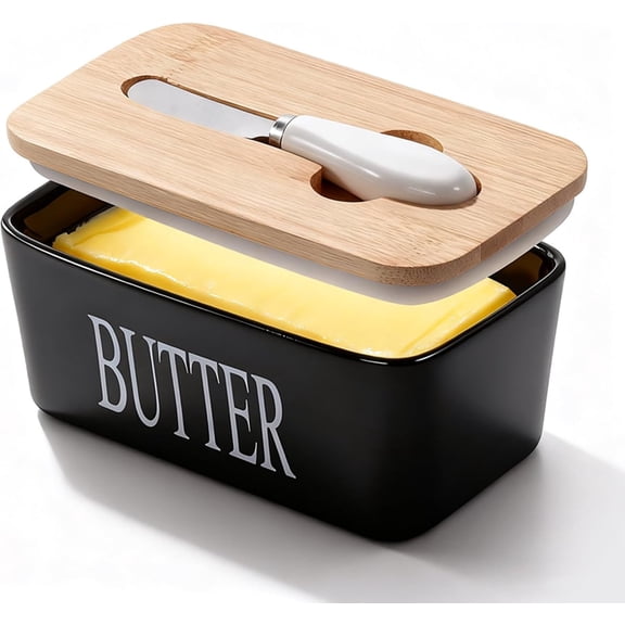 ZWHong Butter Dish with Lid, Large Ceramic Butter Keeper with Stainless Steel Knife, Airtight Butter Container for Refrigerator or Countertop, 650ml Butter Holder for 2 Sticks (Black)