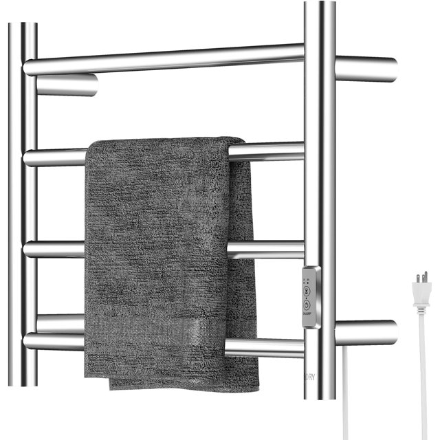 Towel Warmer Heated Towel Rack All-Night Warm Bathroom Plug-in Heated Drying Rack with Timer Fast Heating (Chrome Bars)