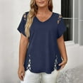 thumbnail image 2 of CIENVNSTG 2026 Spring Summer Short Sleeve V Neck Top for Women with Lattice Cutout on Sleeves and Hem Creating a Dressy Look Loose Fit Casual Tunic Blouse for Daily Trendy Wear Royal Blue 3XL, 2 of 4