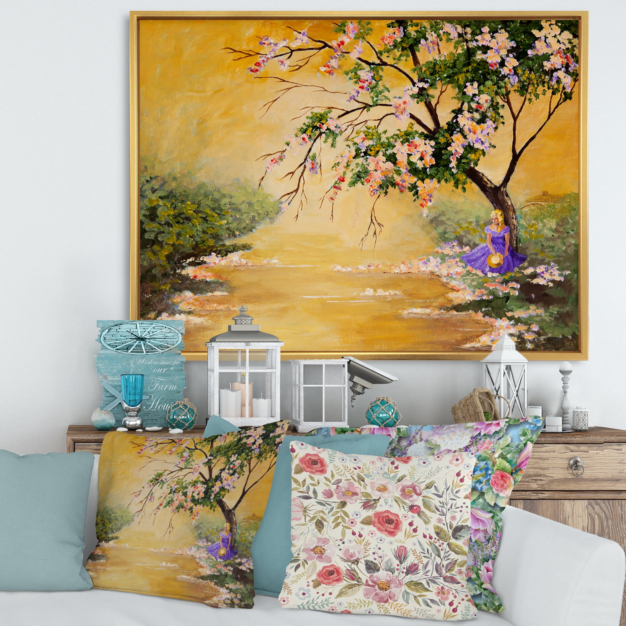Beautiful Girl Standing By The Flowering Tree 32 in x 16 in Framed Painting Canvas Art Print, by Designart