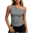 thumbnail image 2 of Fewfanhot Women's Tops One Off Shoulder Striped Tee Tops Casual Loose Fit Crop Tshirt Summer Outfits, 2 of 6