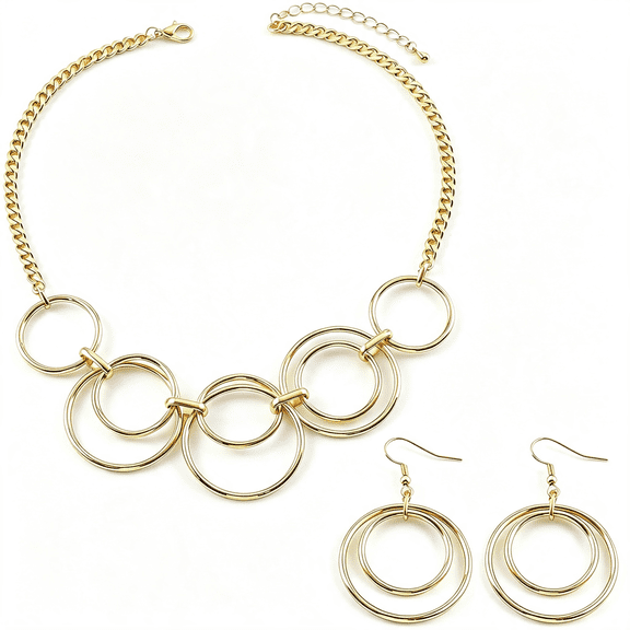 DESIGNICE Gold Tone Double-Loop Necklace Earrings Set,Chunky Fashion Pendant Jewelry,Plated Loop Chain Link Statement Choker Necklace,Earring and Necklace Set for Women(Gold)