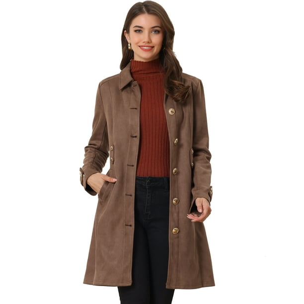 Abrigo de gamuza sintética Allegra K Gabardina con cinturón y botones de invierno Marrón Oscuro M