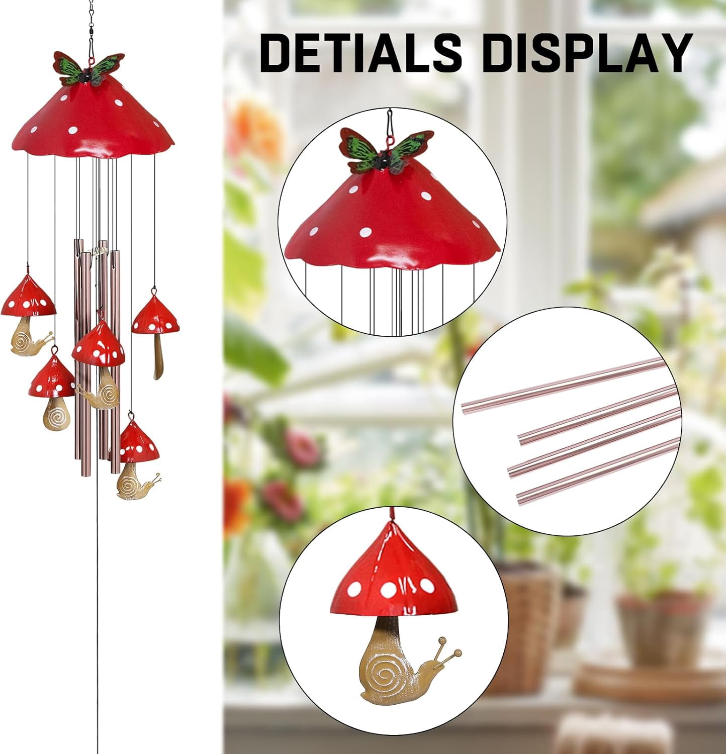 Wind Chimes for Outside, Mushroom Wind Chime Garden Decor Outdoor, Yard Decorations Wind Chimes for Mom Grandma Women Housewarming（Red）