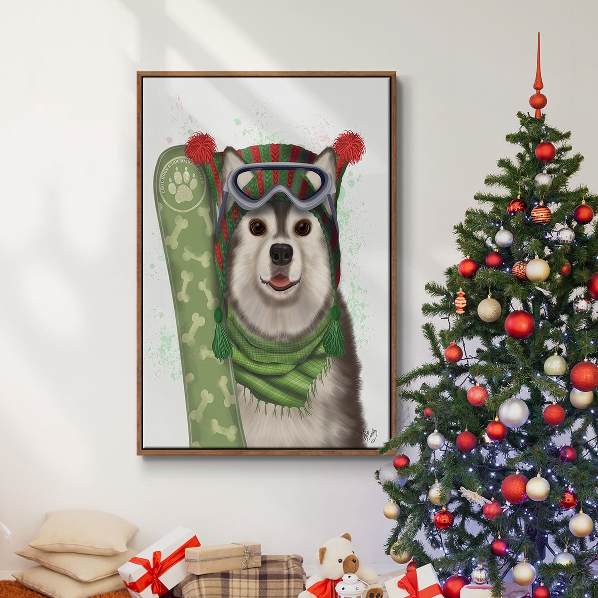 Christmas Husky Snowboard - Framed Gallery Wrapped Holiday Canvas - 27 x 41 - Rosewood Frame