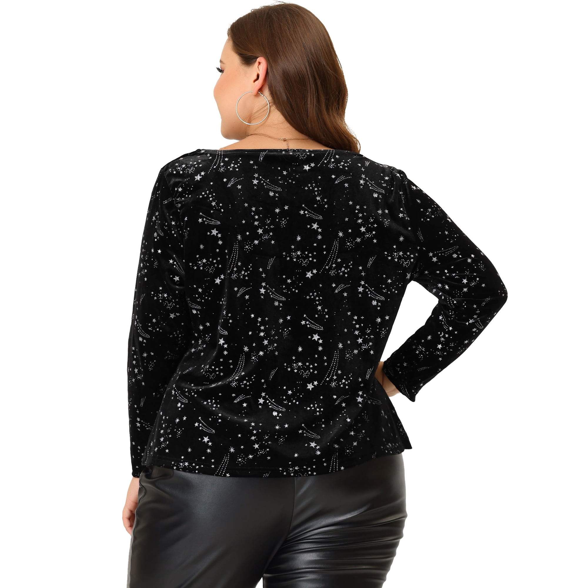 Unique Bargains Women s Plus Size Top Sweetheart Neck Long Sleeve Stars Velvet Blouses Black 3x Black