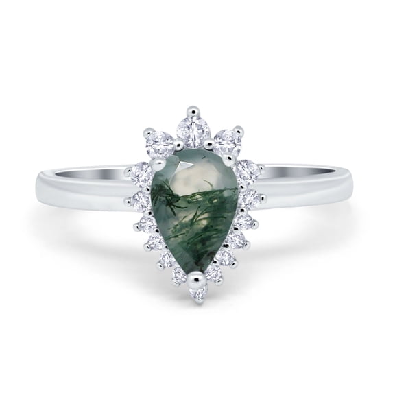 Natural Green Moss Agate Size-5 Art Deco Pear Teardrop Halo CZ Wedding Engagement Ring 925 Sterling Silver Gifts For Her