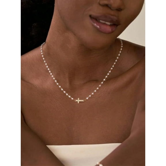 1Pc Elegant Pearl Necklace with A Cross Pendant,  Gold Chain Beaded Pearl Choker