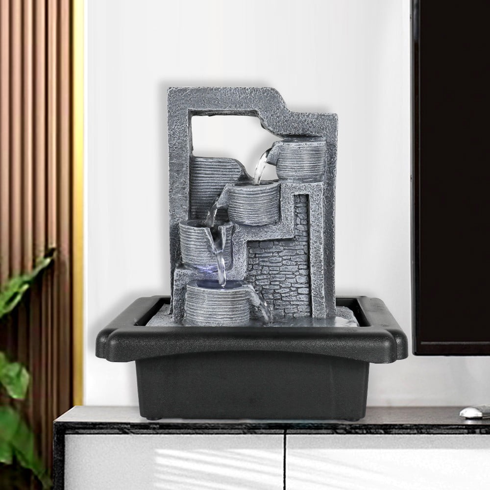 4-Tier Tabletop Water Fountain for Home&Office Decor, Indoor Decorative Statue with LED Light&Flowing Water Flow Zen Meditating