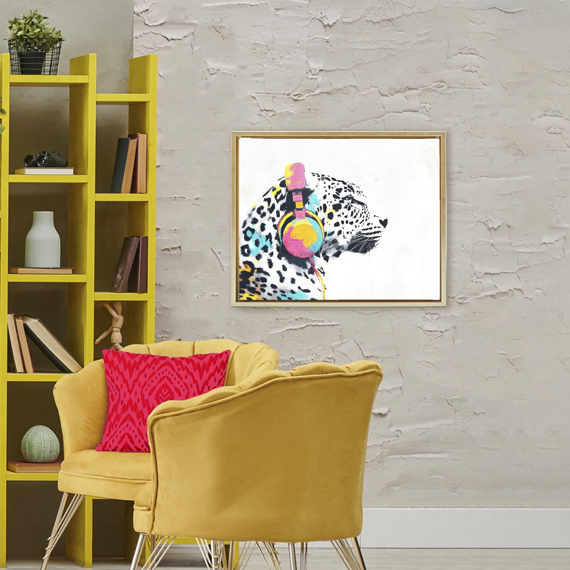 Stupell Industries Leopard On Air Headphones Gold Framed Floater Canvas Wall Art, design by Svetlana Aleynikova