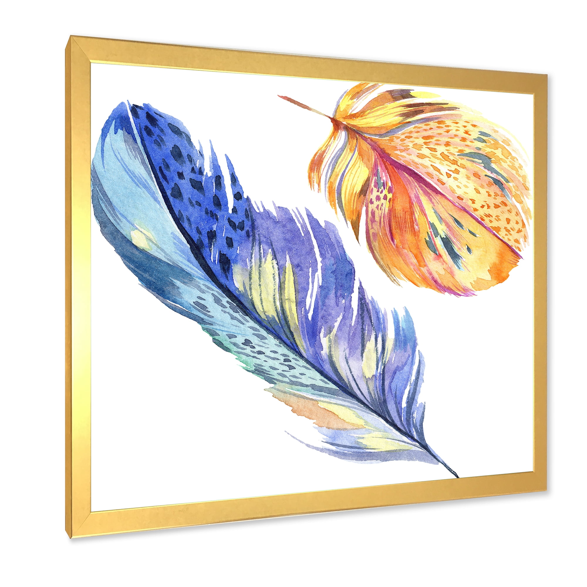 Designart 'Colorful Blue and Golden Bird Feather From Wing' Bohemian & Eclectic Framed Art Print
