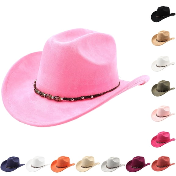 Zijinkuiwen Unisex Suede Cowboy Hat with Mixed Beaded Woven Band Decor Wide Brim for Western Themed Party Cosplay Country Music Festival Gathering,Pink,One Size