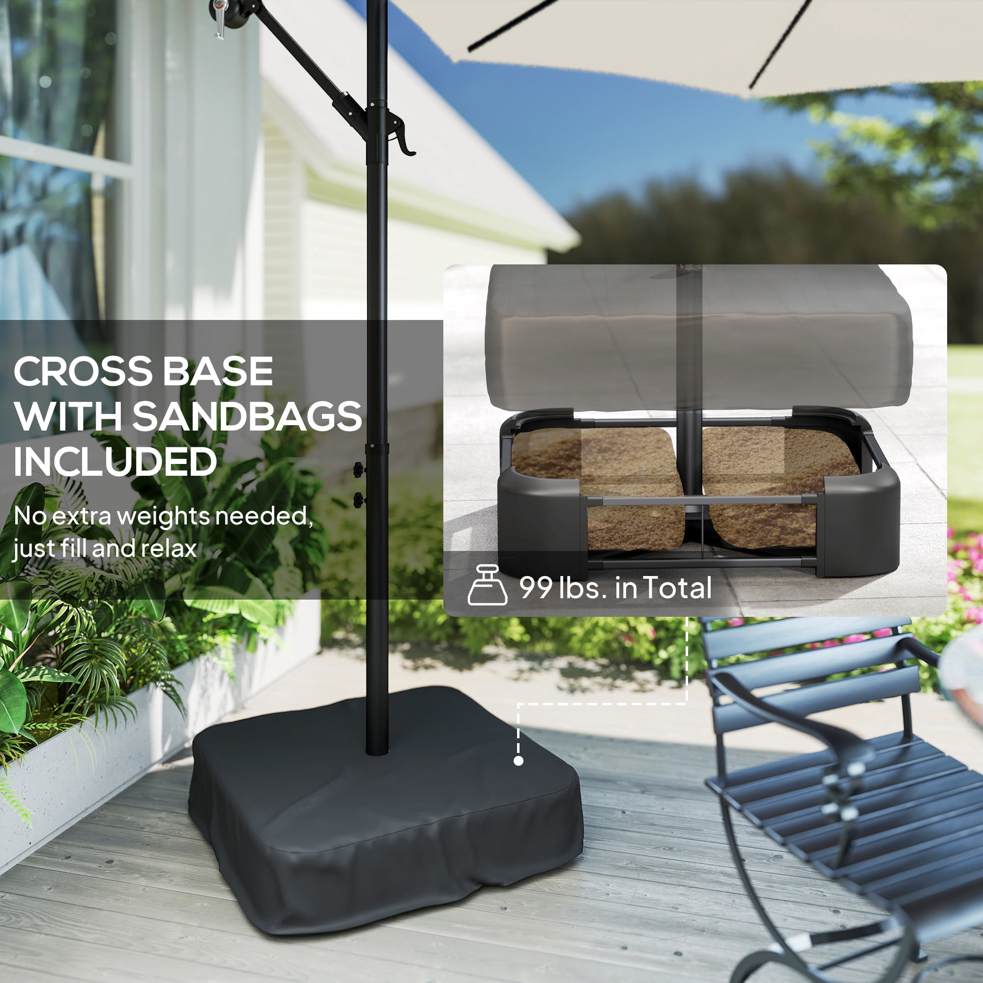 Outsunny 10 ft Cantilever Patio Umbrella with Solar LED Light, Sandbag Weight, Offset Hanging Outdoor Umbrella with Protective Cover, Cream White