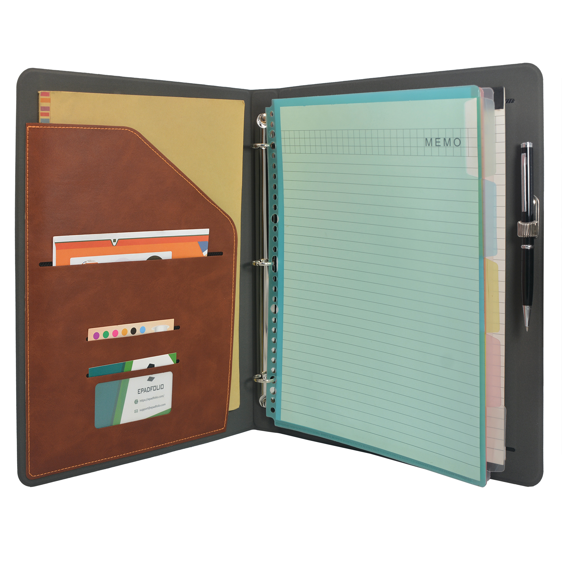 3 Ring Binder Padfolio Clipboard Case with Color File Folders, PU Leather Padfolio Ring Binder with Clipboard