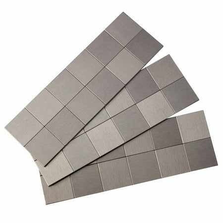 Aspect Peel and Stick Backsplash 12in x 4in Square Stainless Matted Metal Tile for Kitchen and Bathrooms (3-Pack)