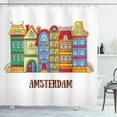 thumbnail image 1 of Amsterdam Shower Curtain, Colorful Calligraphic Design with Street Houses European Culture, Fabric Bathroom Set with Hooks, 69W X 84L Inches Extra Long, Earth Yellow and Multicolor, by Ambesonne, 1 of 3
