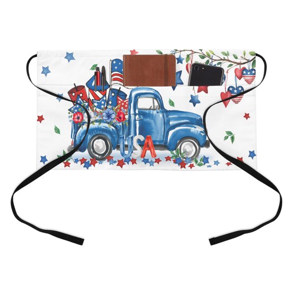 American Flag Truck Kitchen Restaurant Half Waist Apron, Independence Day Star Heart USA Server Short Apron with 3 Pockets Waterproof Oil Waist Aprons for Women Waitress Waiter
