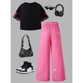 thumbnail image 3 of PureChapter Girls Casual Clothes "89" Varsity Short Sleeve Top & Star Wide Leg Jeans Set 2Pcs Outfits For Streetwear, 3 of 8