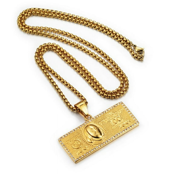 US $100 Dollar Money Necklaces Pendants Male 14K Yellow Gold Chain For Men Rhinestone Hip Hop Bling Jewelry Collier