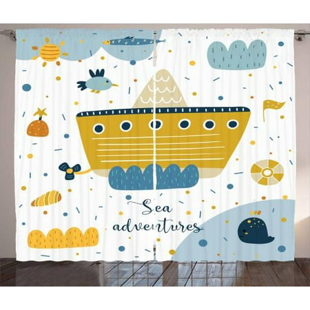Adventure Nursery Curtains 2 Panels Set Sea Adventures Icons Ship