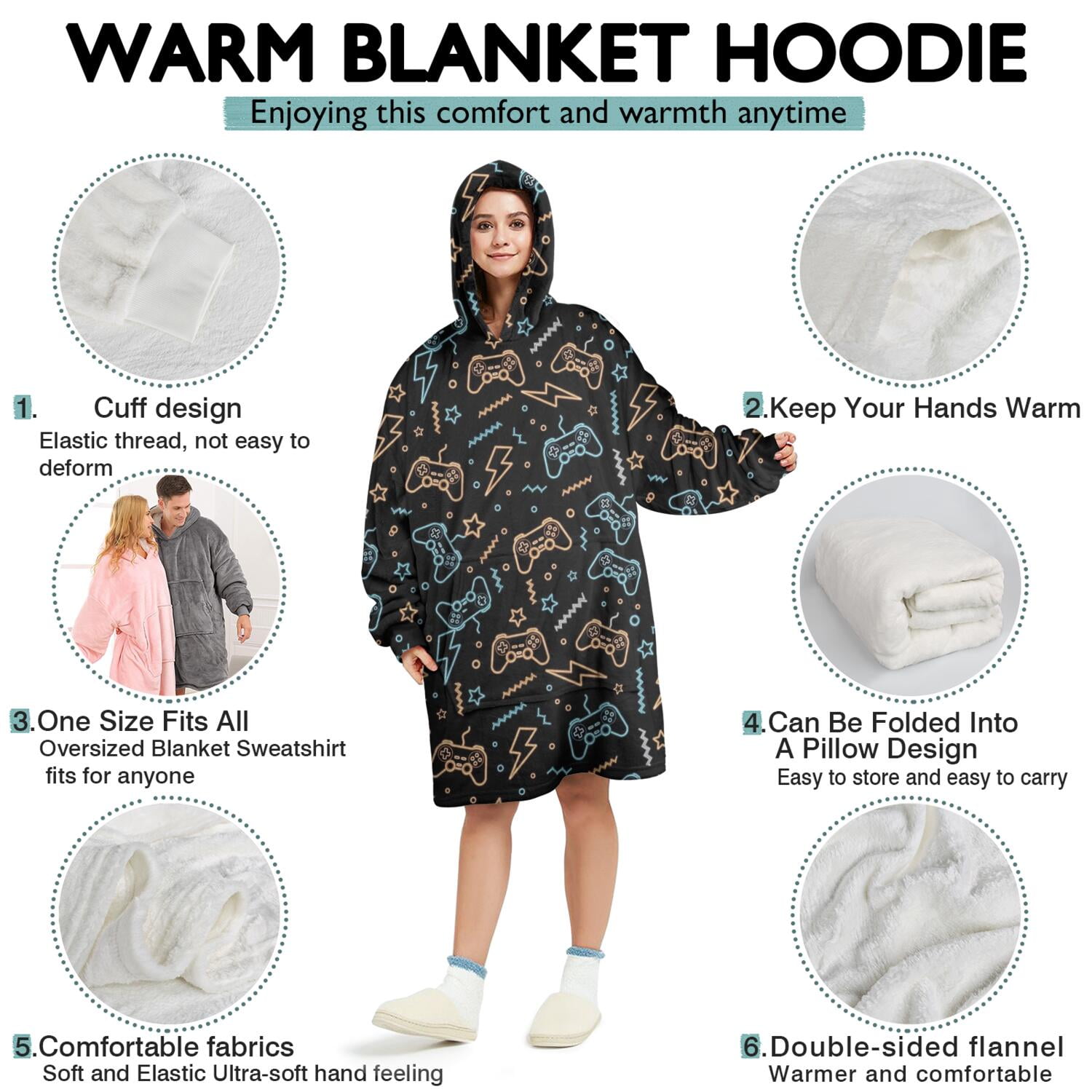 Wearable Oversized Blanket,Colorful Games Element Black Pattern Wearable Blanket Hoodie for Adults,Cozy Hooded Blankets with Super Pockets,Super Warm Fuzzy Pullover for Women & Men