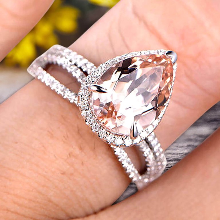 Pear Morganite Twist Shank Engagement & Hermès Wedding Ring Guard Enhancer ♥