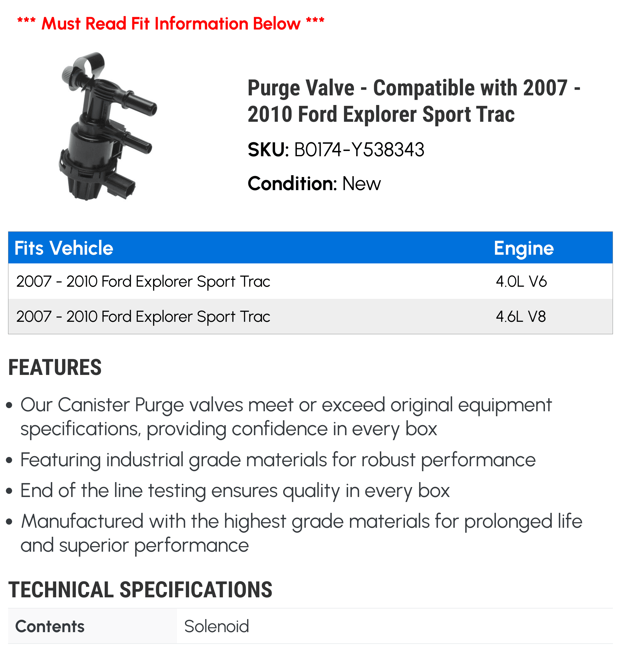 Purge Valve - Compatible with 2007 - 2010 Ford Explorer Sport Trac 2008 2009