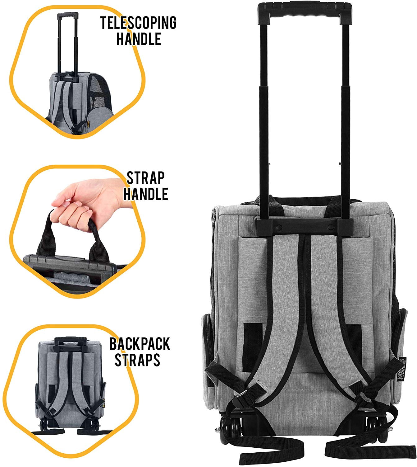 KOPEKS Deluxe Backpack Pet Travel Carrier with Wheels - Heather Gray - Approved by Most Airlines - Large