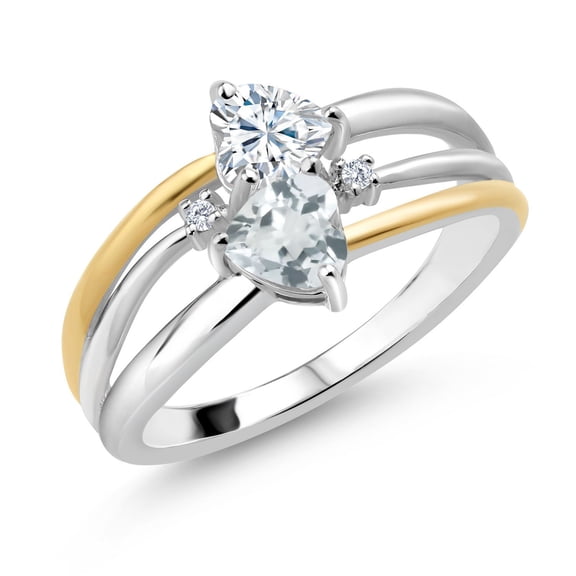 Gem Stone King 925 Silver and 10K Yellow Gold White Moissanite and Sky Blue Aquamarine and White Lab Grown Diamond Band Ring for Women (0.86 Cttw, Gemstone, Heart Shape 5MM, Size 6)