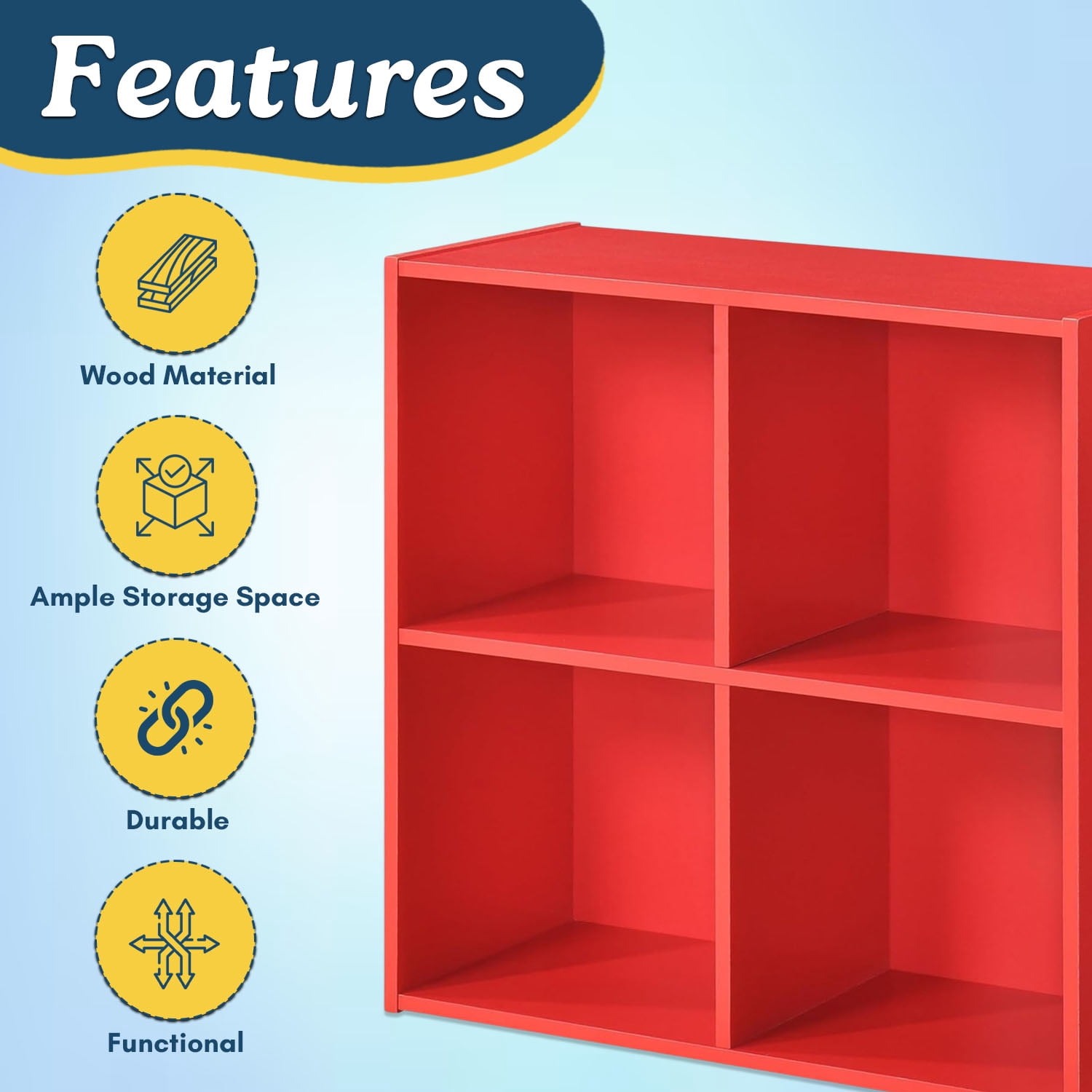 Kings Brand Furniture - 4 Cube Storage Organizer Book Shelf, Toy Storage Organizer for Playroom, Bedroom, Nursery School, Red
