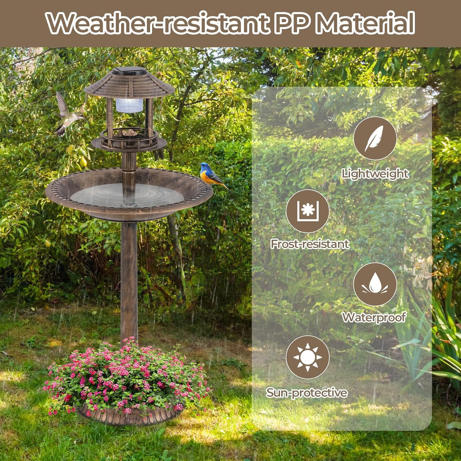 WBTER 42 inch Bird Bath Solar Lighted, Pedestal Bird Bath with Bird Feeder, Flower Planter Base, Solar Powered Lamp, 3 Ground Stakes, Standing Birdbath for Outside Garden Yard Outdoor (Bronze)