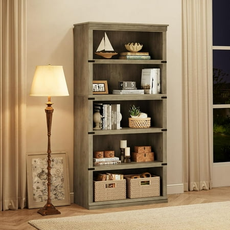 5-Tier Farmhouse Bookshelf, Rustic Wooden Bookcase with Open Shelves & Anti-Tip Kit for Living Room, Home Office, Bedroom
