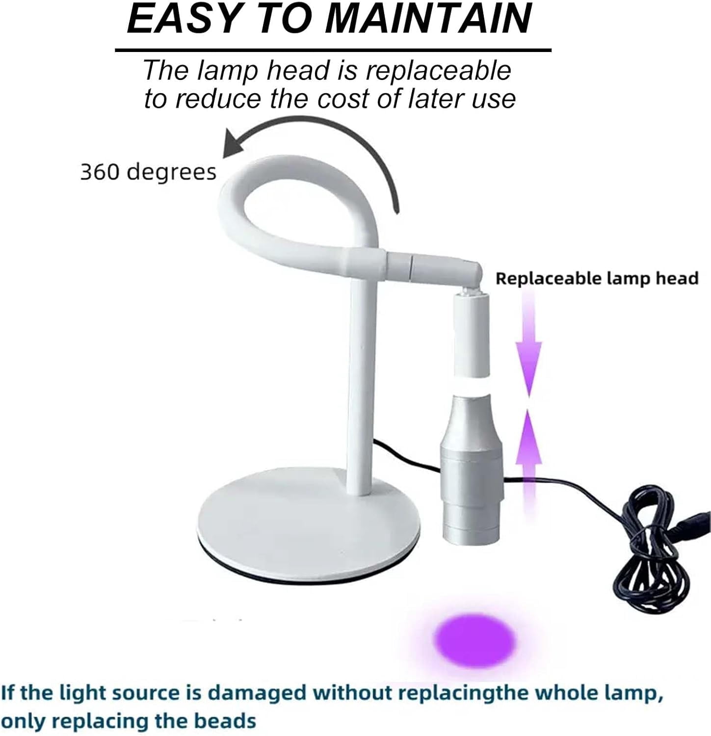 5W 395-400nm UV Cure lamp for Eyelash Extension, Lash Lamp with Foot Switch, 360° Adjustable Metal Bracket, 1-2sfast Curing, Gel Polish Curing Light for Home and Nail Salon